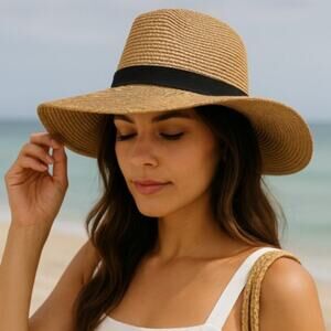 Women’s Wide Brim Straw Fedora Sun Hat Black Band Beach Travel Summer Chic